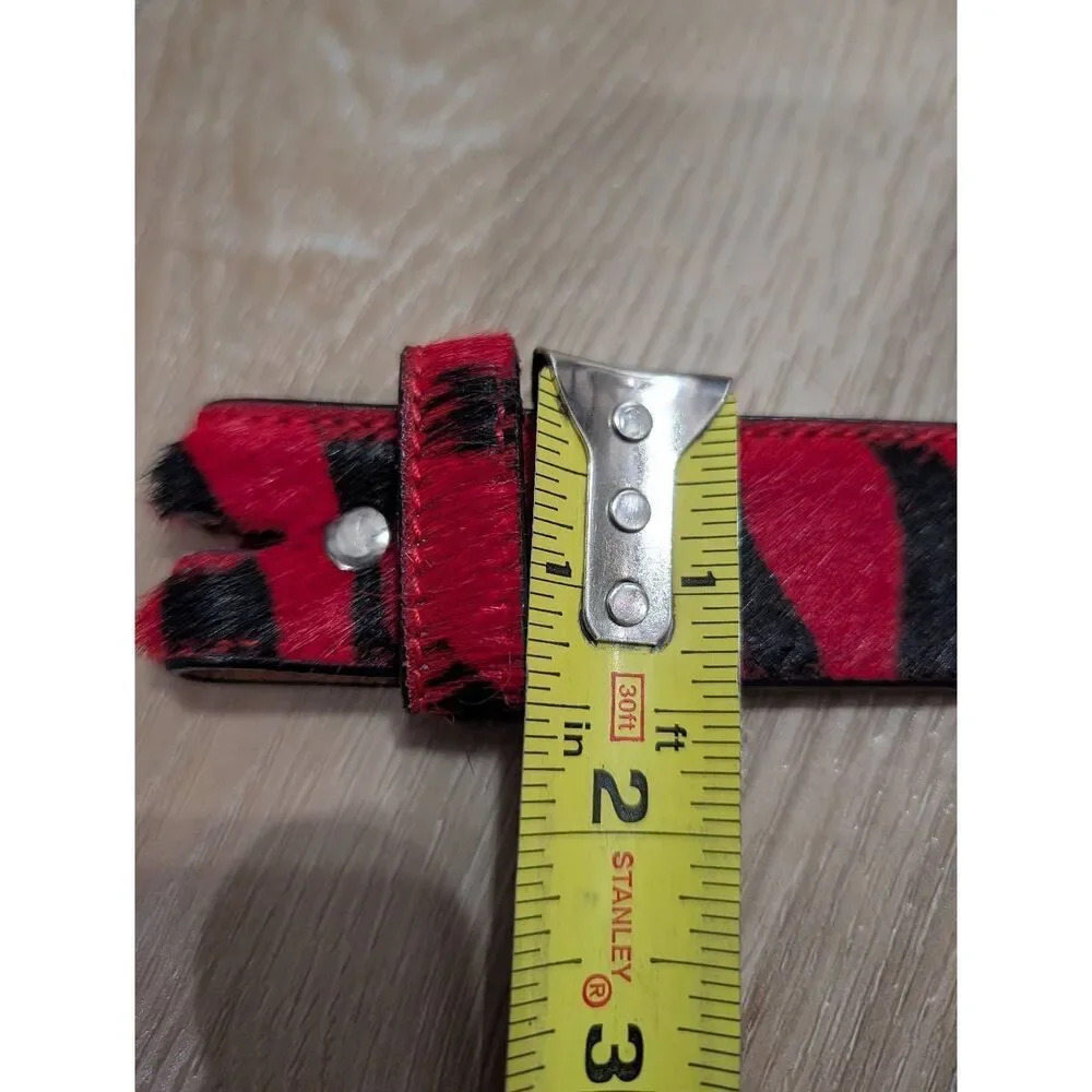 3D Leather Kids Small Red Zebra Hair-on-Hide Belt Western Rhinestone No Buckle